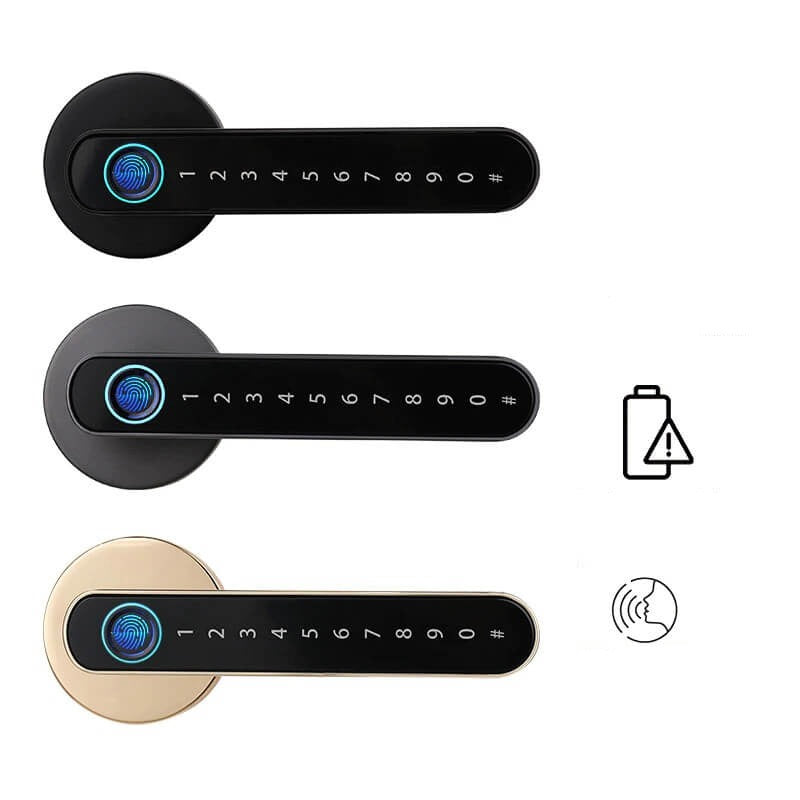 Robust digital dørlås, sett fra siden. Kraftig konstruksjon og fingeravtrykk teknologi for optimal hjemmesikkerhet.