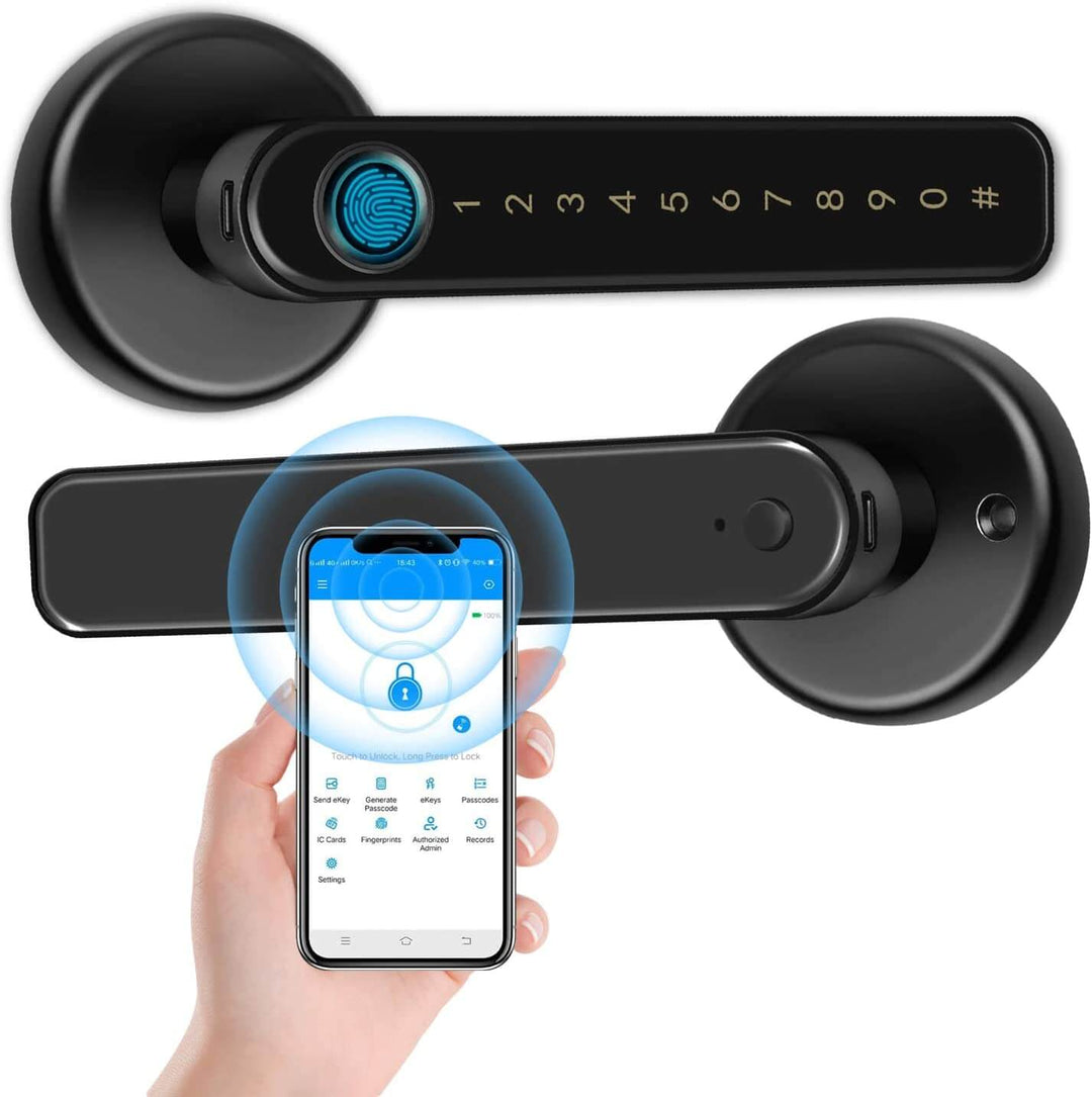 Smartlås med digitalt display og fingeravtrykksensor. Gir nøkkelfri sikkerhet og enkel styring for smarte hjem.