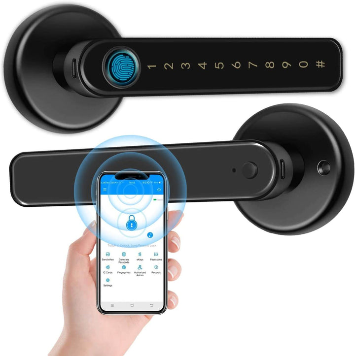 Smartlås med digitalt display og fingeravtrykksensor. Gir nøkkelfri sikkerhet og enkel styring for smarte hjem.