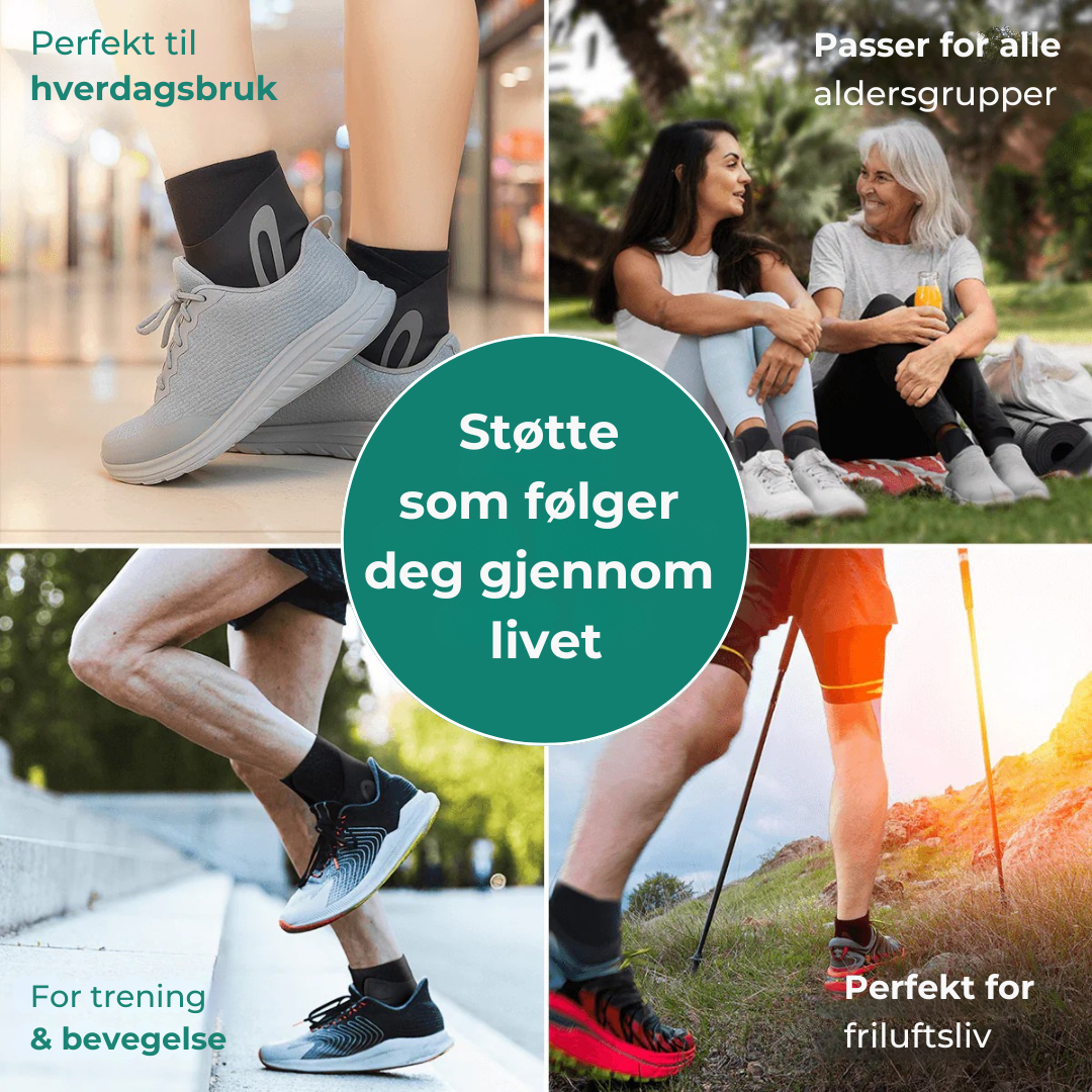 Fleksibel unisex ankelstøtte, passer for menn og kvinner. Effektiv lindring av fotsmerter ved aktivitet og hvile.