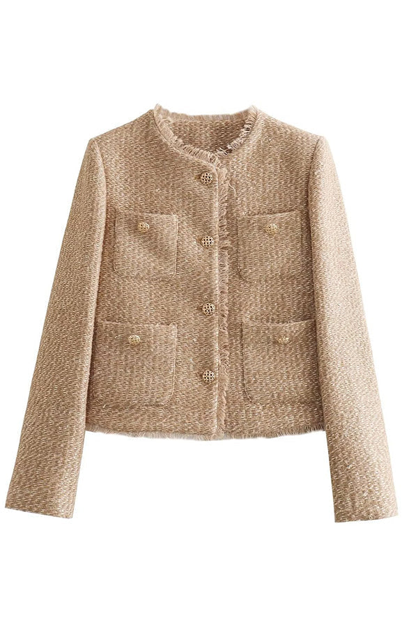 Beige frynsejakke for kvinner i lett stoff, perfekt som stilren vårjakke eller trendy sommerjakke.