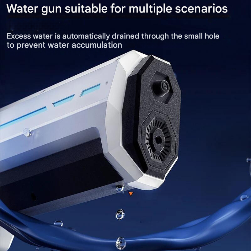 Oppladbar automatisk vannpistol klar for utendørs lek. Perfekt for intense vannkamper og endeløs sommermoro.