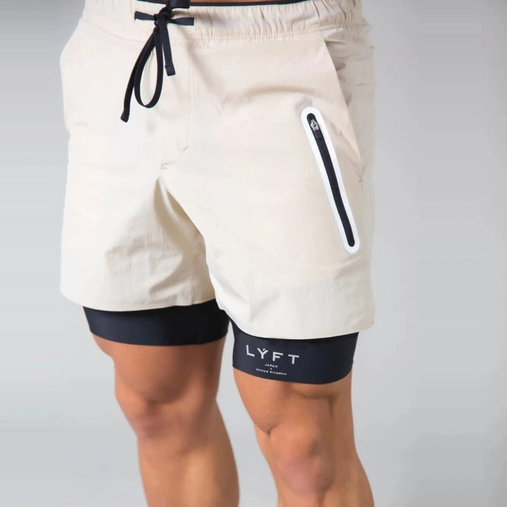 Allsidige herre 2-i-1 treningsshorts med kompresjon; perfekt for ulike sportsaktiviteter og aktivtøy.