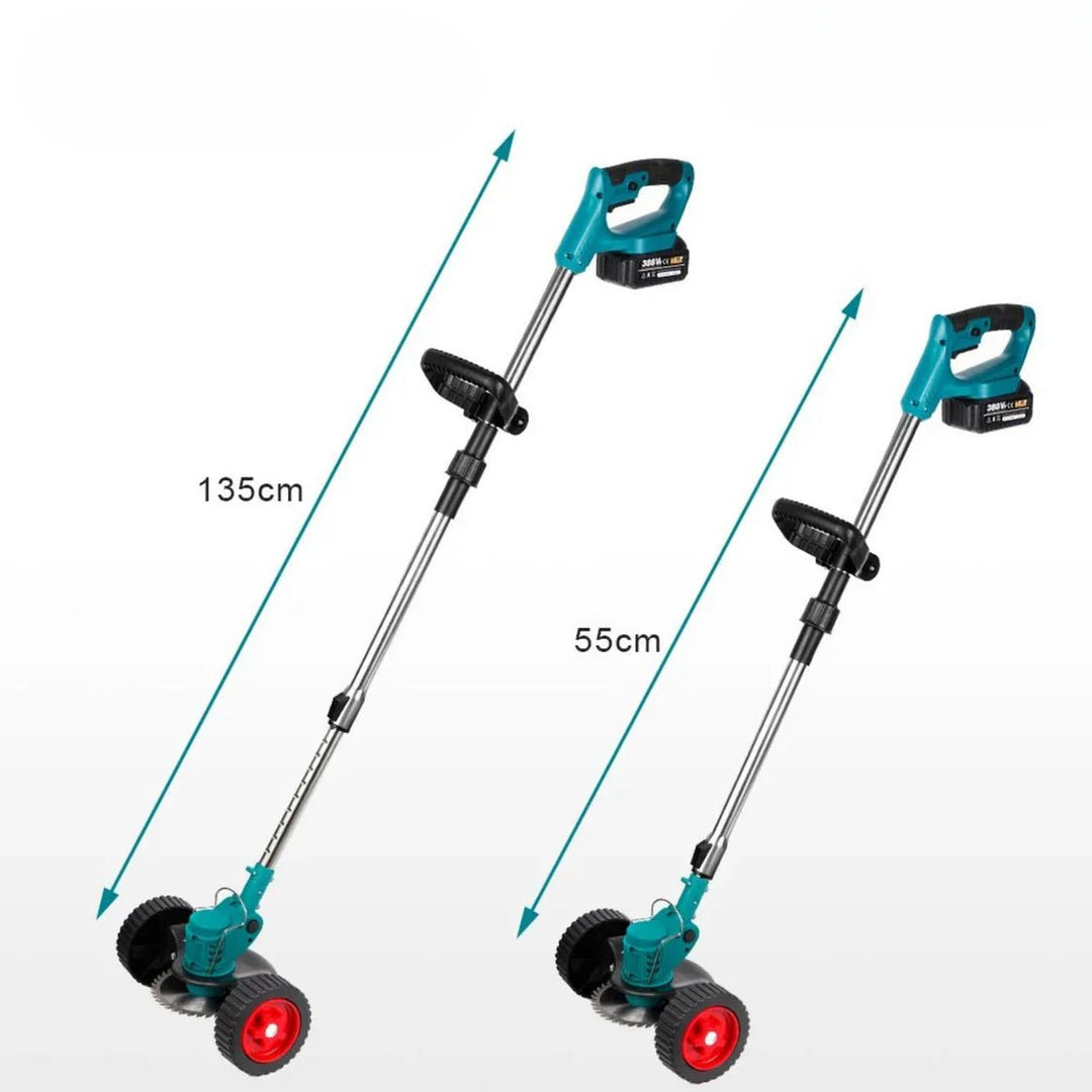 Batteridrevet gressklipper i bruk, klipper gresset enkelt. 36V trådløs trimmer for en pen hage.
