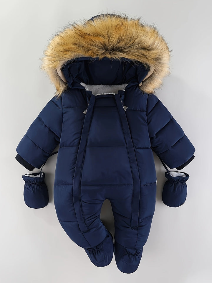 Glad baby leker i komfortabel vinter sovedress. Koselig babyklær med hette for aktive spedbarn.