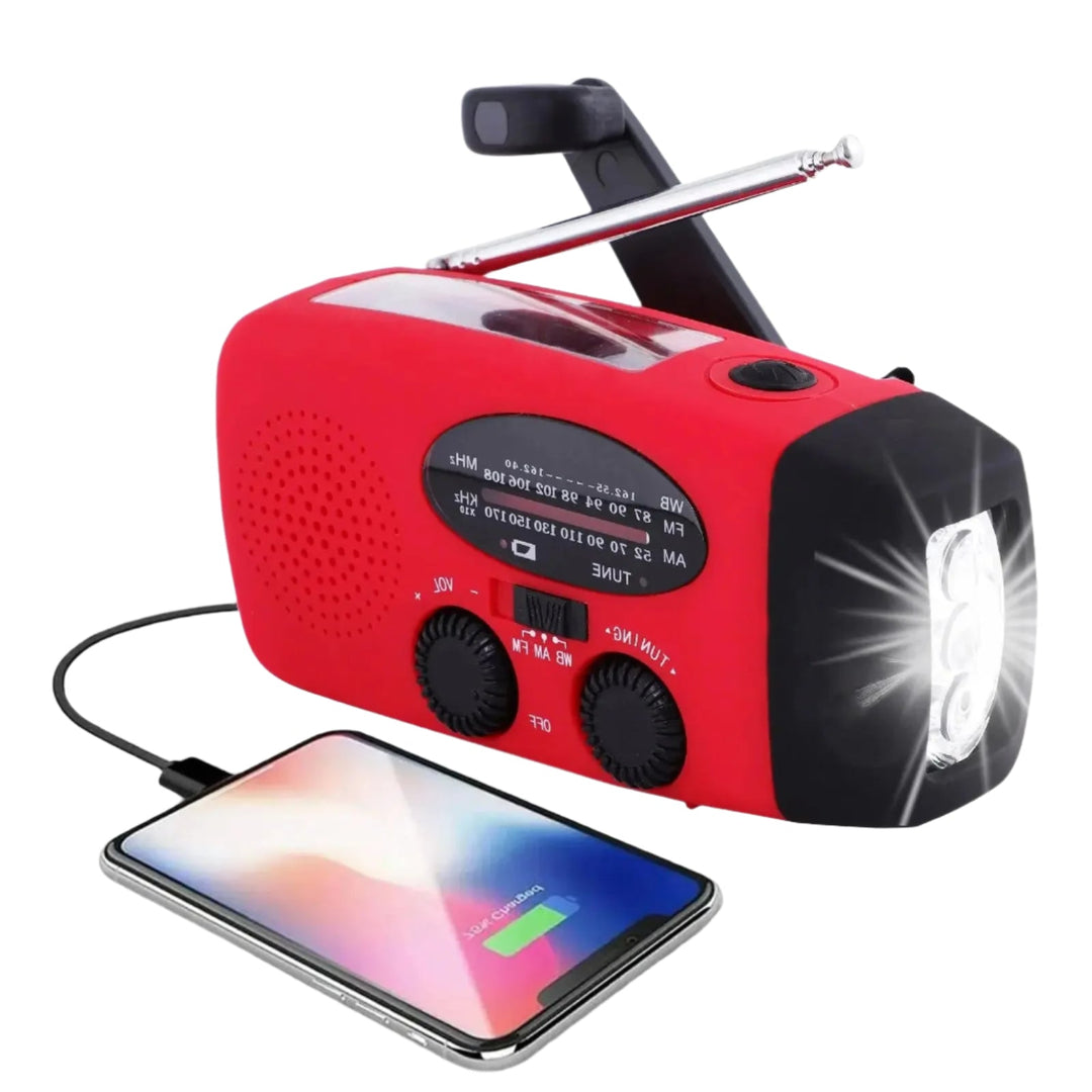 Kompakt nødradio med AM/FM, håndsveiv, solcellelading, LED-lommelykt og powerbank for beredskap.