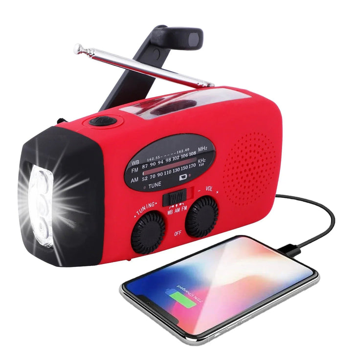 Vanntett nødradio med AM/FM, powerbank og LED-lommelykt. Ideell for survival kit og campingutstyr.