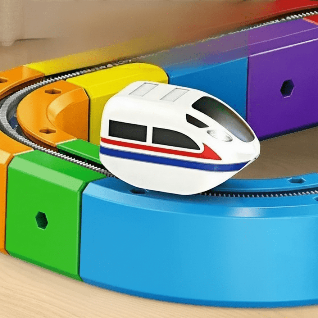 Gaveidé: 3D togsett med oppladbart lokomotiv. Kreativt byggesett som stimulerer lek og læring for barn.