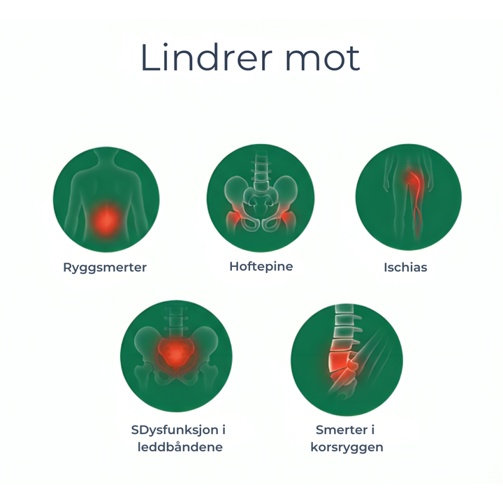 Flattliggende unisex bekkenbelte, sort. Designet for effektiv ryggstøtte, hoftestøtte og SI-ledd stabilisering.