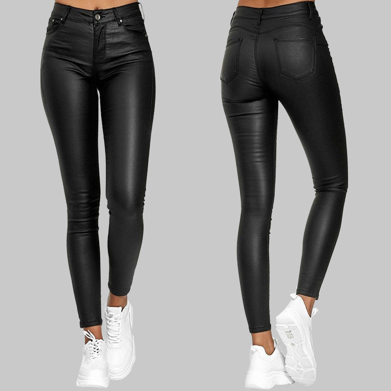 Svarte dame kunstskinnbukser med høy midje og slim fit, stretch for flatterende stil.