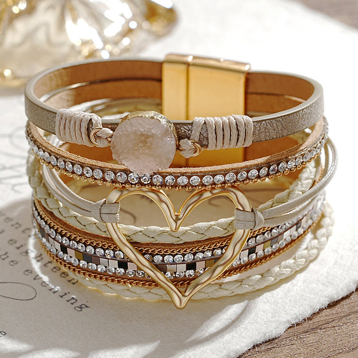 Kvinner bohemian armbånd med ekte steiner, skinnende rhinestone og hjerte, lagpålag design.