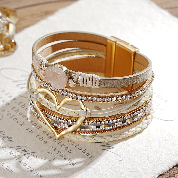 Festivalarmbånd for kvinner med naturstein, glitrende rhinestone, hjerte og bohemsk vibe.
