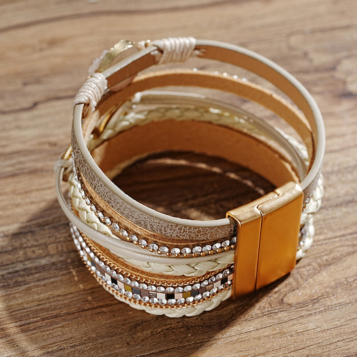Justerbart armbånd: bohem stil for kvinner, natursteiner, hjerte og delikat rhinestone detaljer.