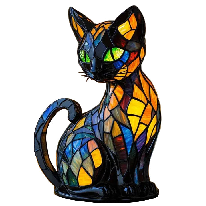 Håndlaget katt bordlampe i glass, perfekt for stemningslys i stuen eller som dekorativ nattlampe.