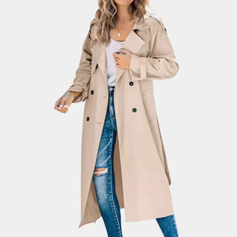Elegant svart kvinners trenchcoat. Tidløs jakke med belte, ideell for overgangssesonger og stilig mote yttertøy.