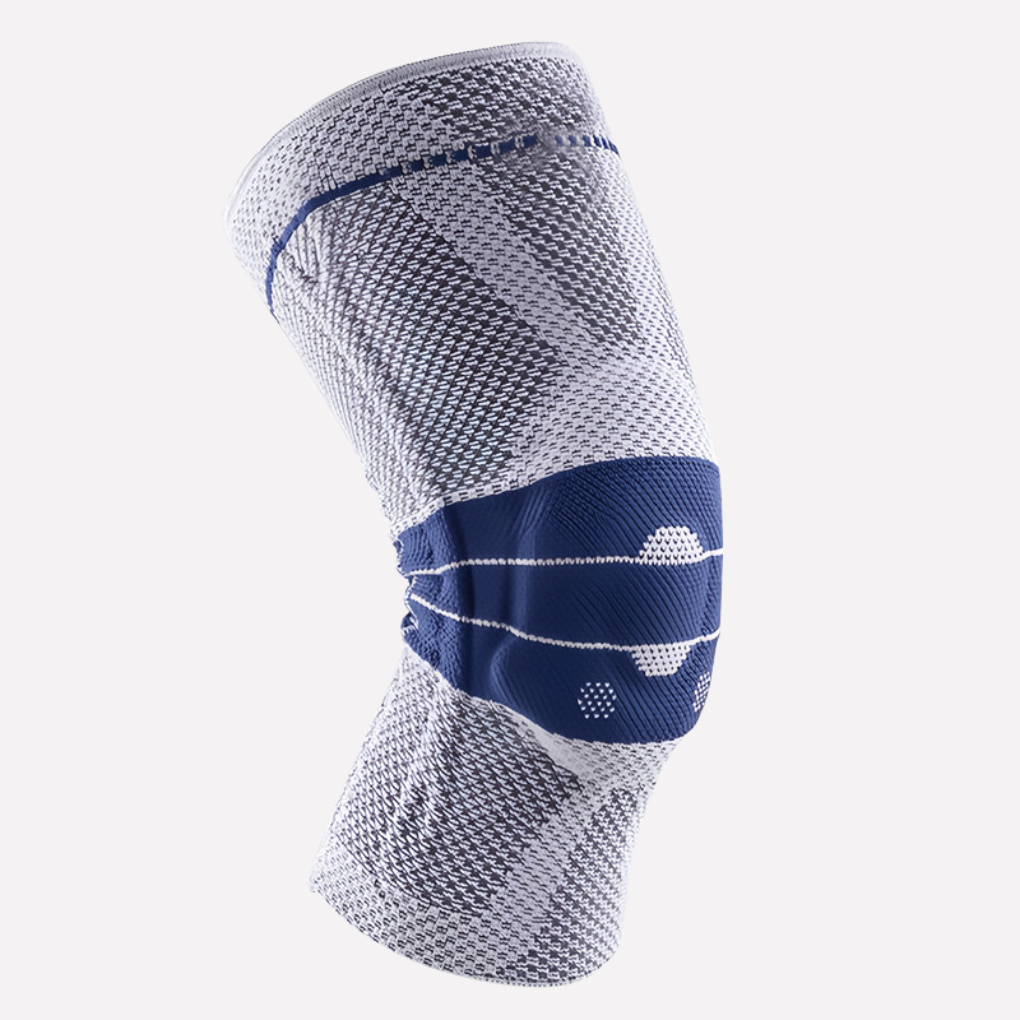 Grå unisex silikon knestøtte for aktiv hverdag, gir komfort og støtte med bevegelsesfrihet for smertelindring.