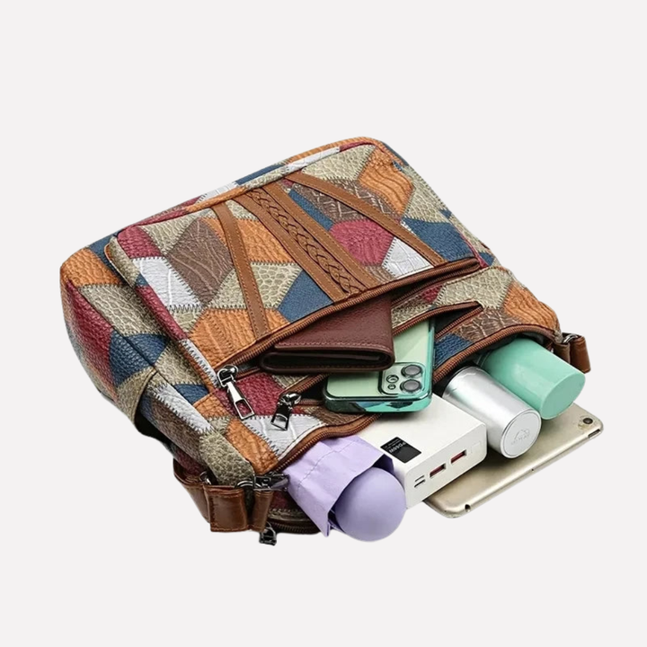 Praktisk og organisert lappeteppe skulderveske i vegansk skinn, en allsidig crossbody veske for kvinner.