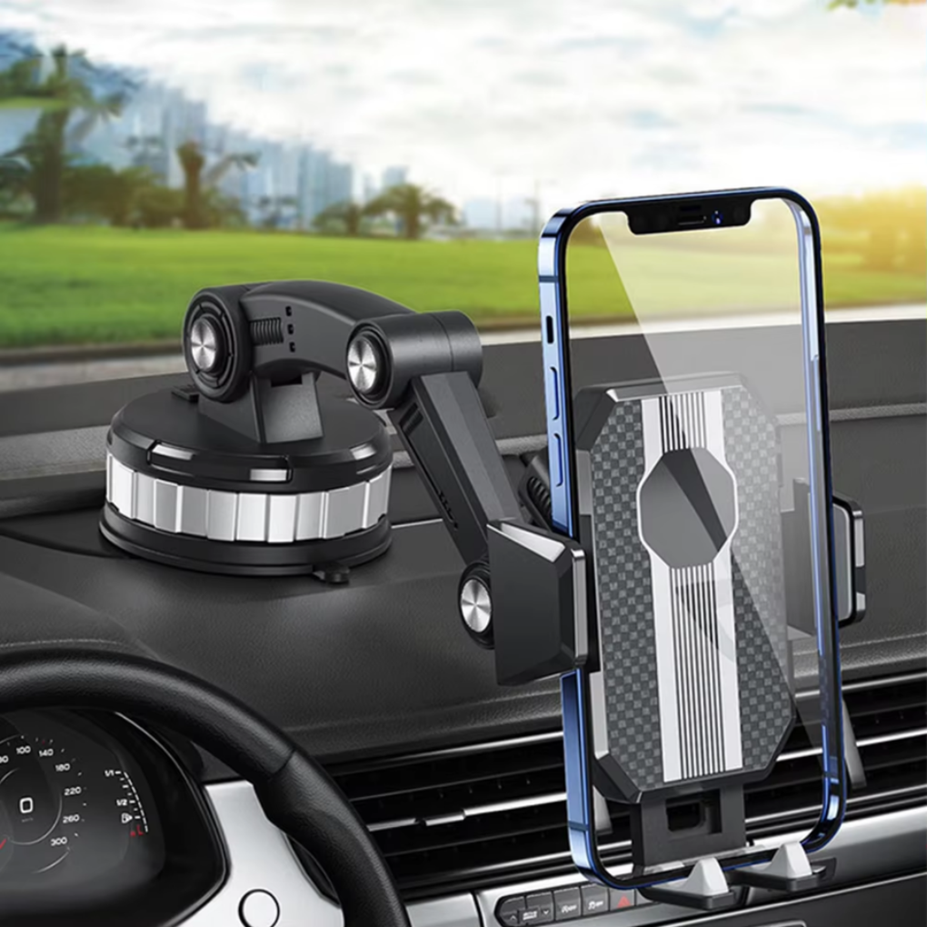Mobilholder for bil med 360° rotasjon, sikrer smarttelefonen på dashbordet. Perfekt for GPS-navigasjon.