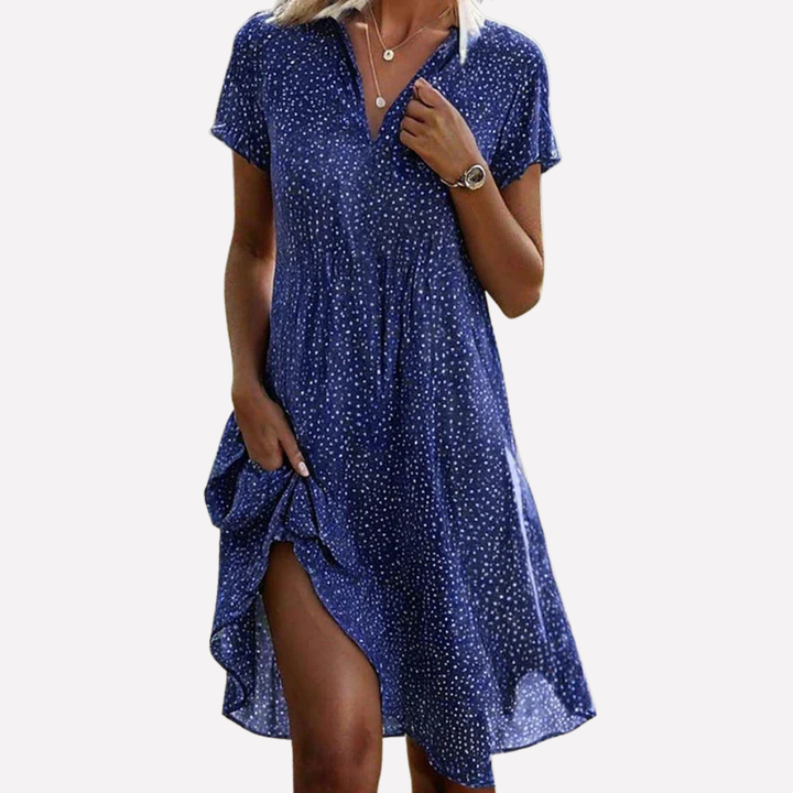 Komfortabel kortermet midi skjortekjole for kvinner. Allsidig sommerkjole for elegant stil, i grønn, rød eller blå.