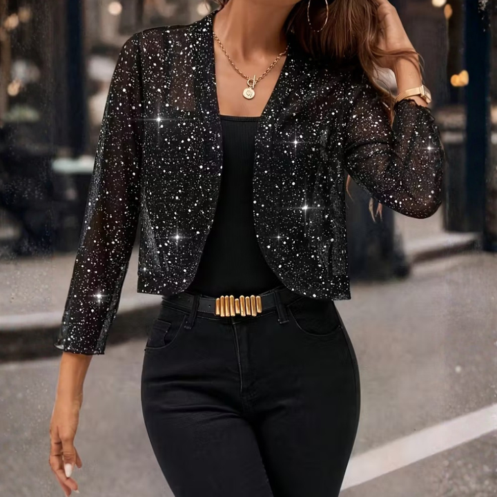 Glamorøs svart-grå glitterjakke for kvinner. Langermet paljettcardigan, perfekt som kveldsjakke.