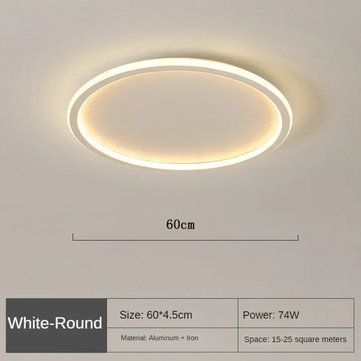 Detaljbilde av rund LED taklampe, viser matt finish og integrert lyskilde.