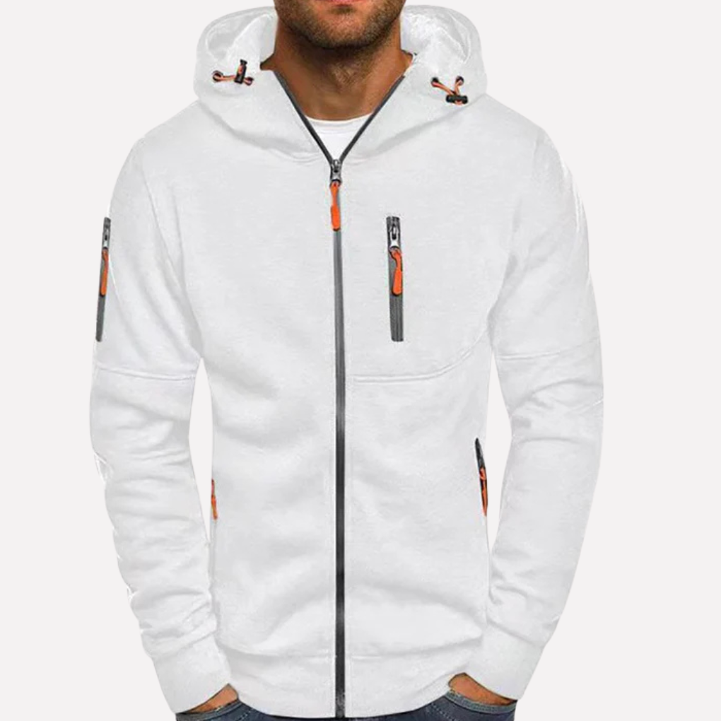 Svart unisex hettejakke med glidelås. Uformell og moderne streetwear-stil, ideell for hverdag.