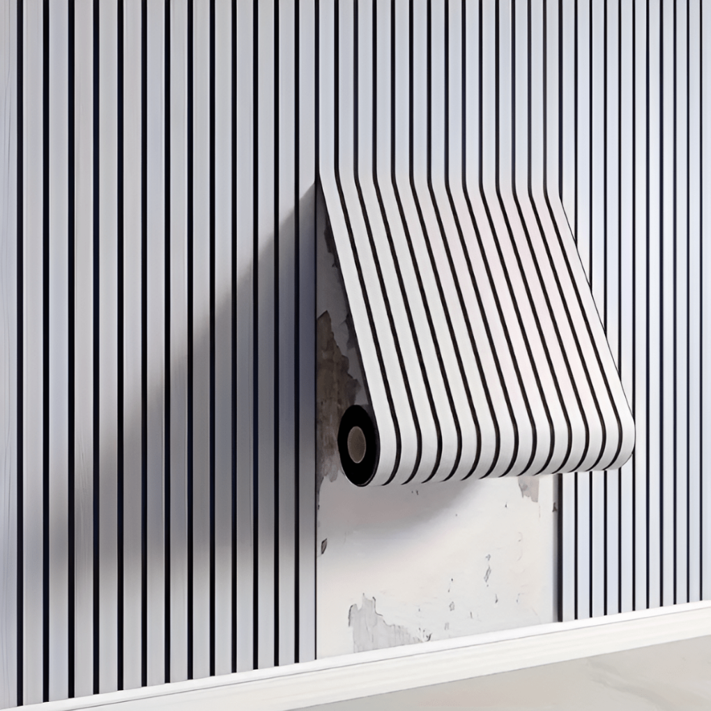 Nærbilde av selvklebende 3D trepanel med realistisk tekstur, perfekt for stilfull veggdekorasjon i hjemmet.