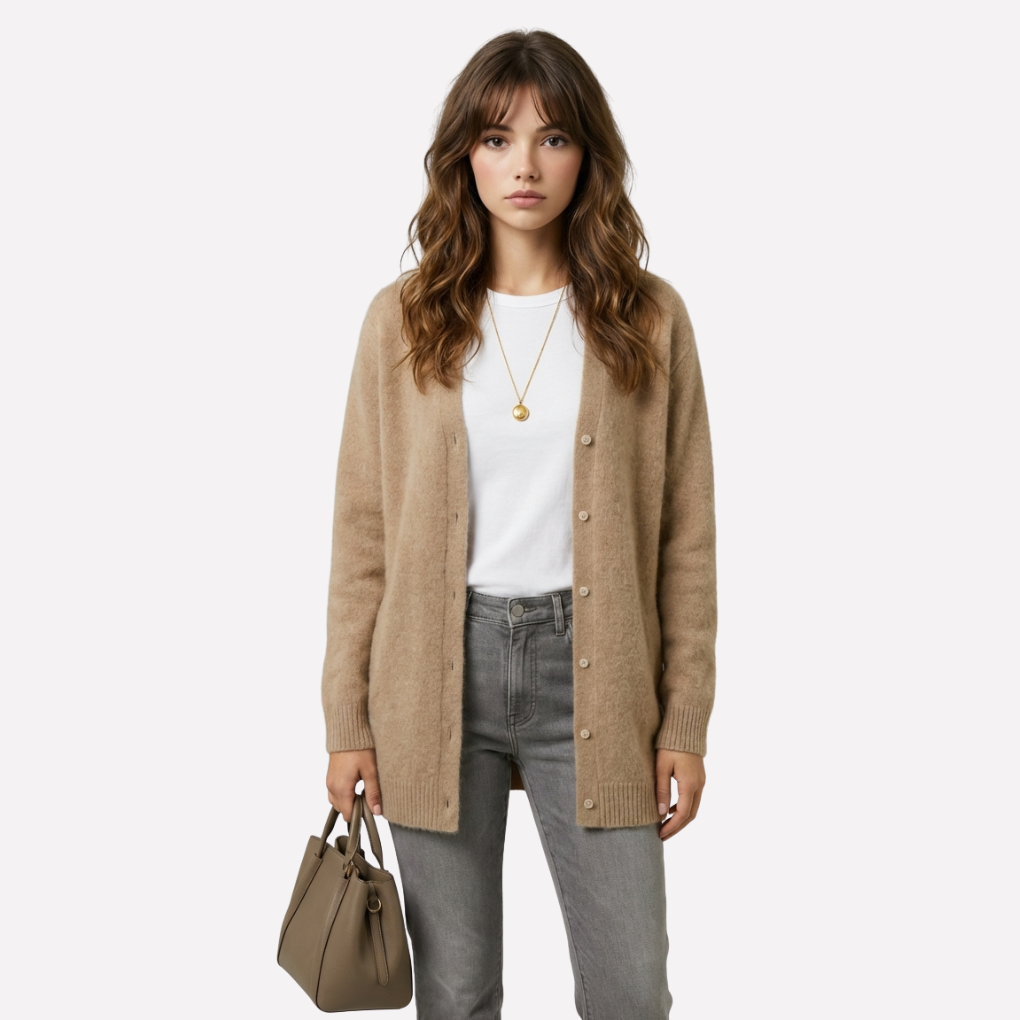 Myk og elegant strikkejakke for kvinner i løs passform. Komfortabel cardigan, perfekt til høst/vinter.