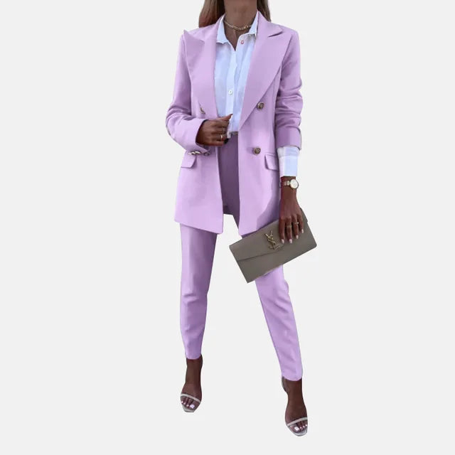 Komfortabelt polyester blazer- og buksesett for damer, elegant design.