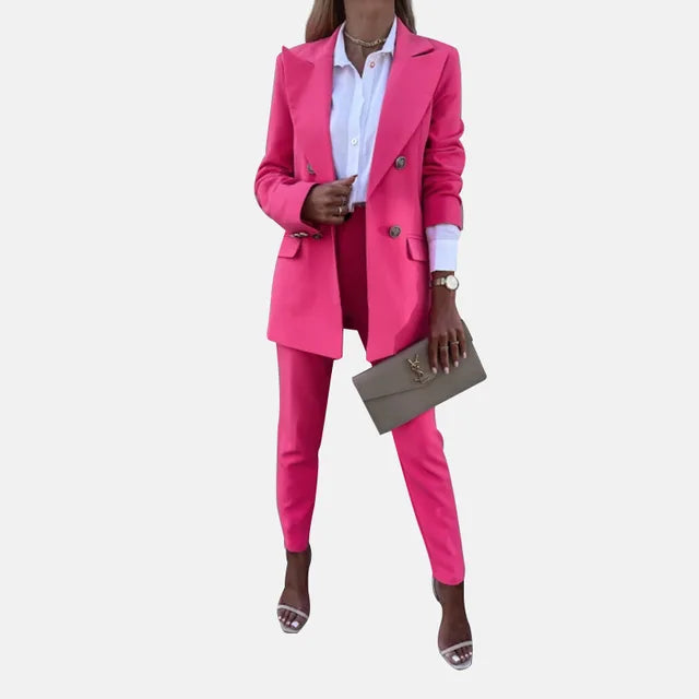 Elegant dame buksesett med blazer, komplett formelt antrekk.