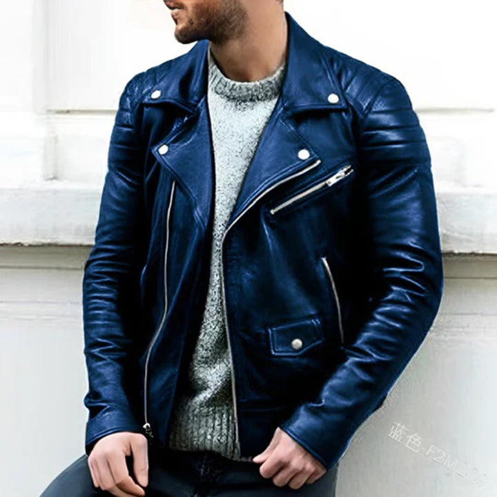 Robust motorsykkeljakke for menn i ekte sort skinn. Slitesterk kvalitet og ikonisk design, ideell for biker-look.