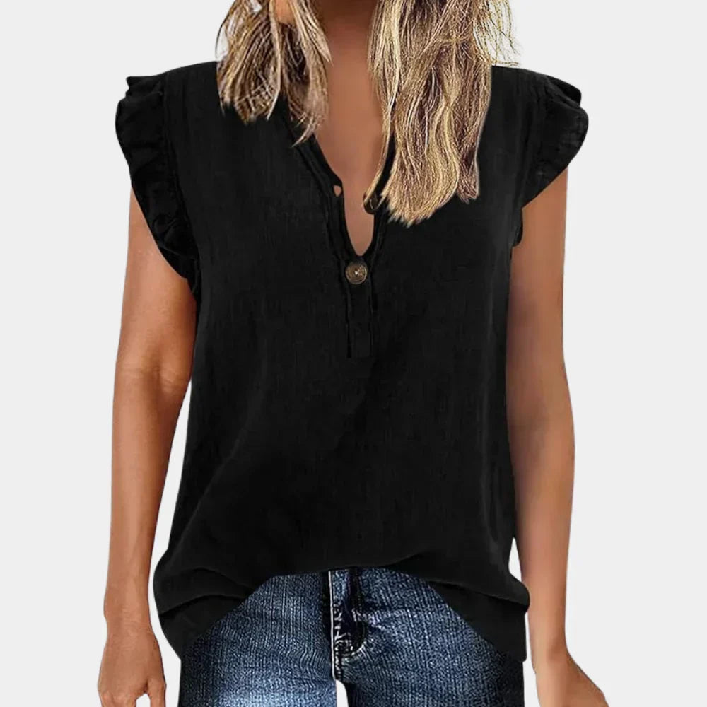 Flerfarget dame sommerbluse med V-hals og løs passform. Allsidig for casual eller elegant kontorstil. Ny mote.