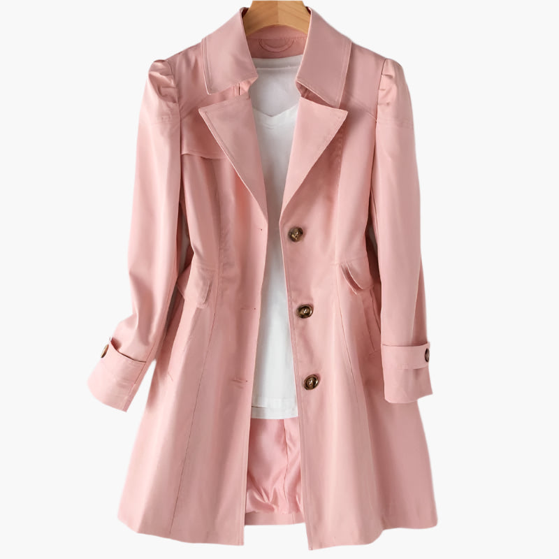 Ryggvisning av klassisk lang trenchcoat for kvinner, elegant ytterplagg for enhver anledning.