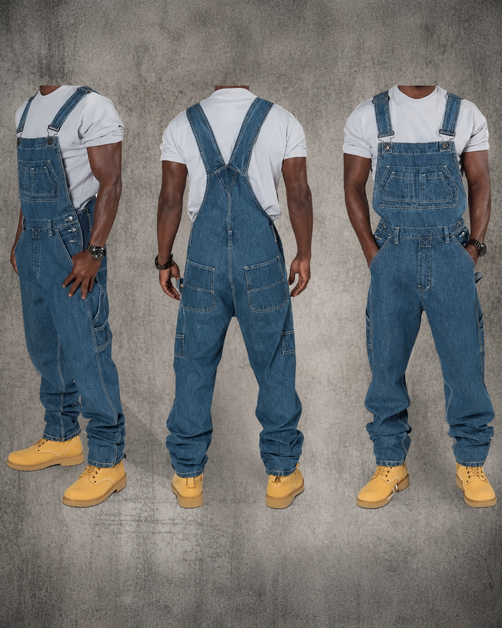 Stilig menns overalls/jumpsuit med moderne skjøtedesign. Ideell for en kul streetwear-look.