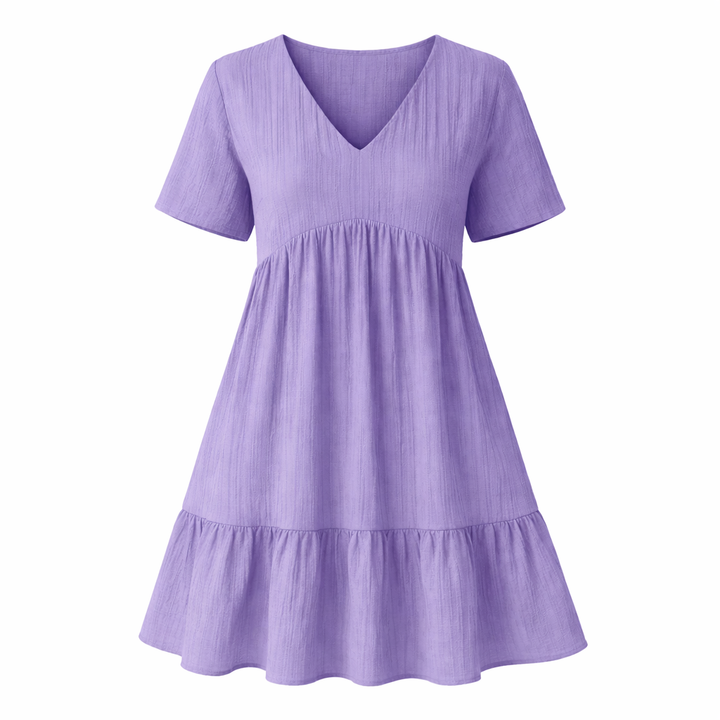 Tidløs dame sommerkjole i vintage stil; elegant A-linje, V-hals, komfortabel og kortermet.