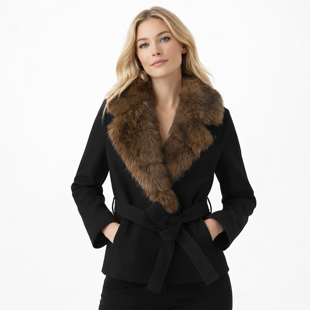 Elegant dame fuskepelsjakke med hette, varm ullblanding, og stilig belte for vinter og høst.