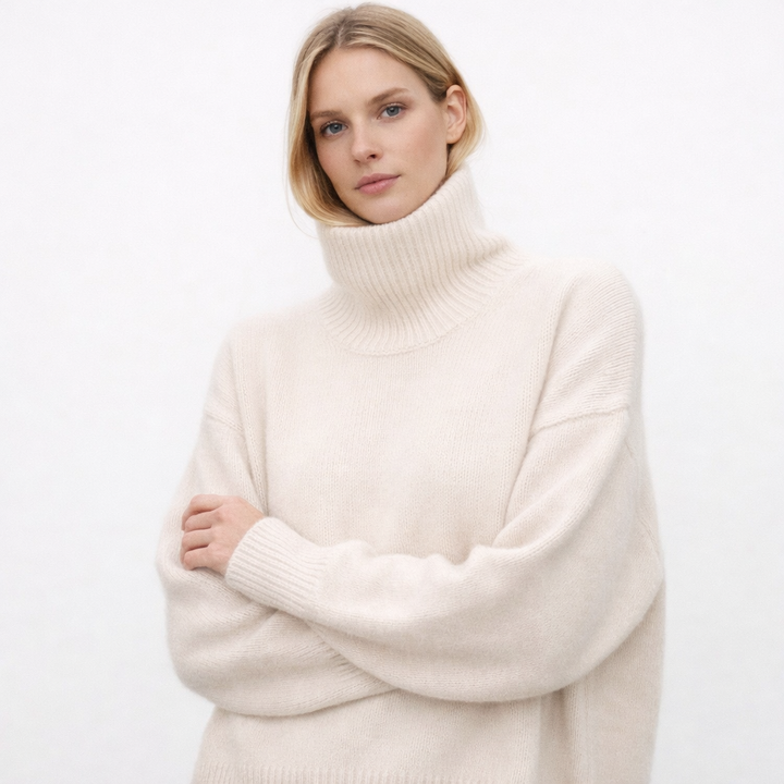 Grå høyhalset kasjmirgenser for kvinner, myk og varm. Luksuriøs strikkegenser i elegant design, perfekt for vinter.