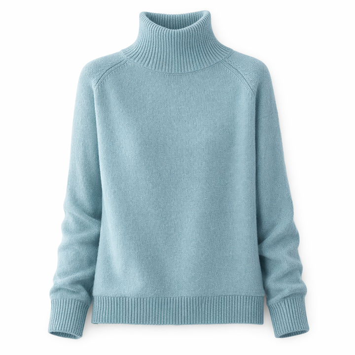Koselig strikkegenser for kvinner med høyhals, mykt materiale og løs passform. Varm, elegant look.