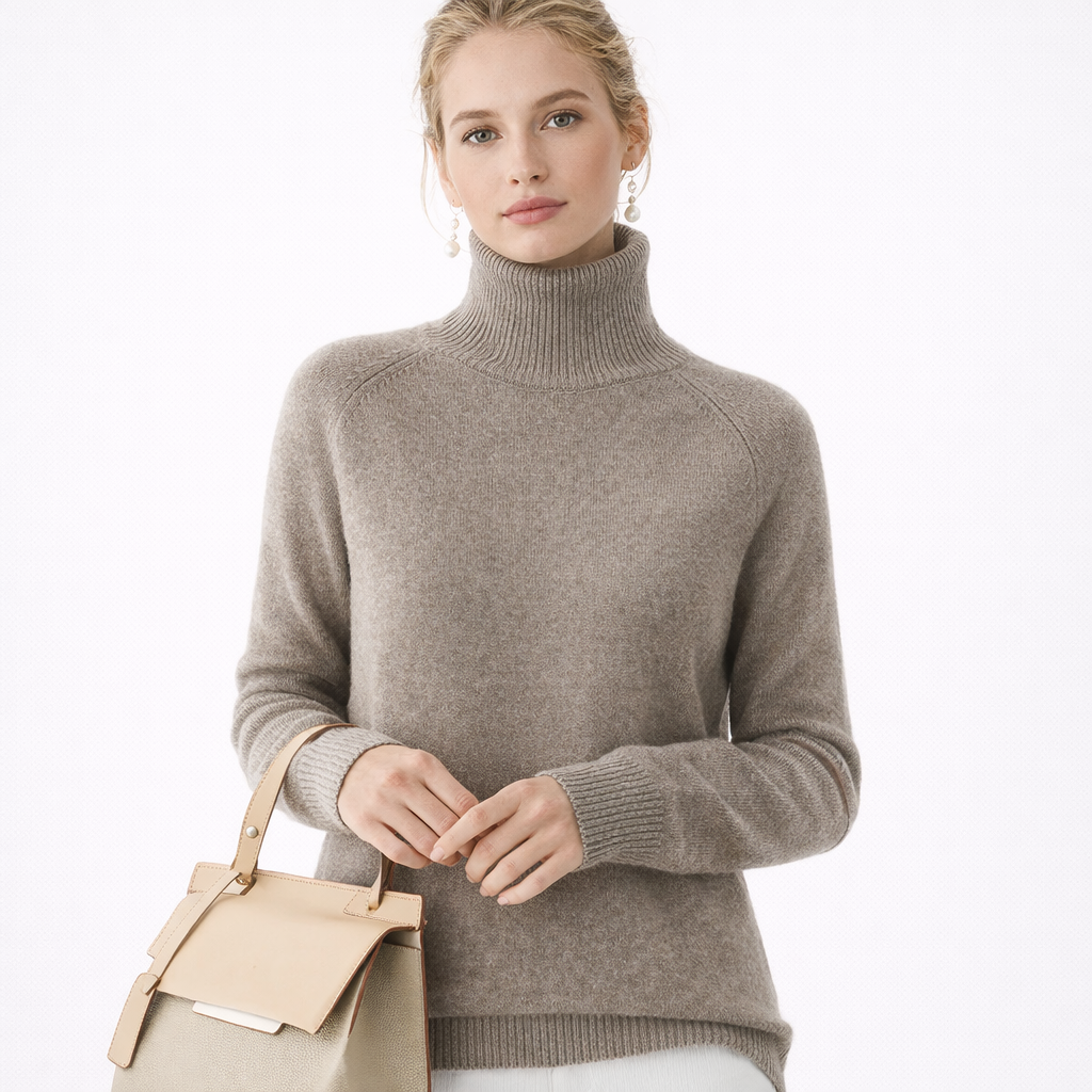 Varm vintergenser for dame, høyhals og strikk for kalde dager. Elegant og koselig strikkegenser.