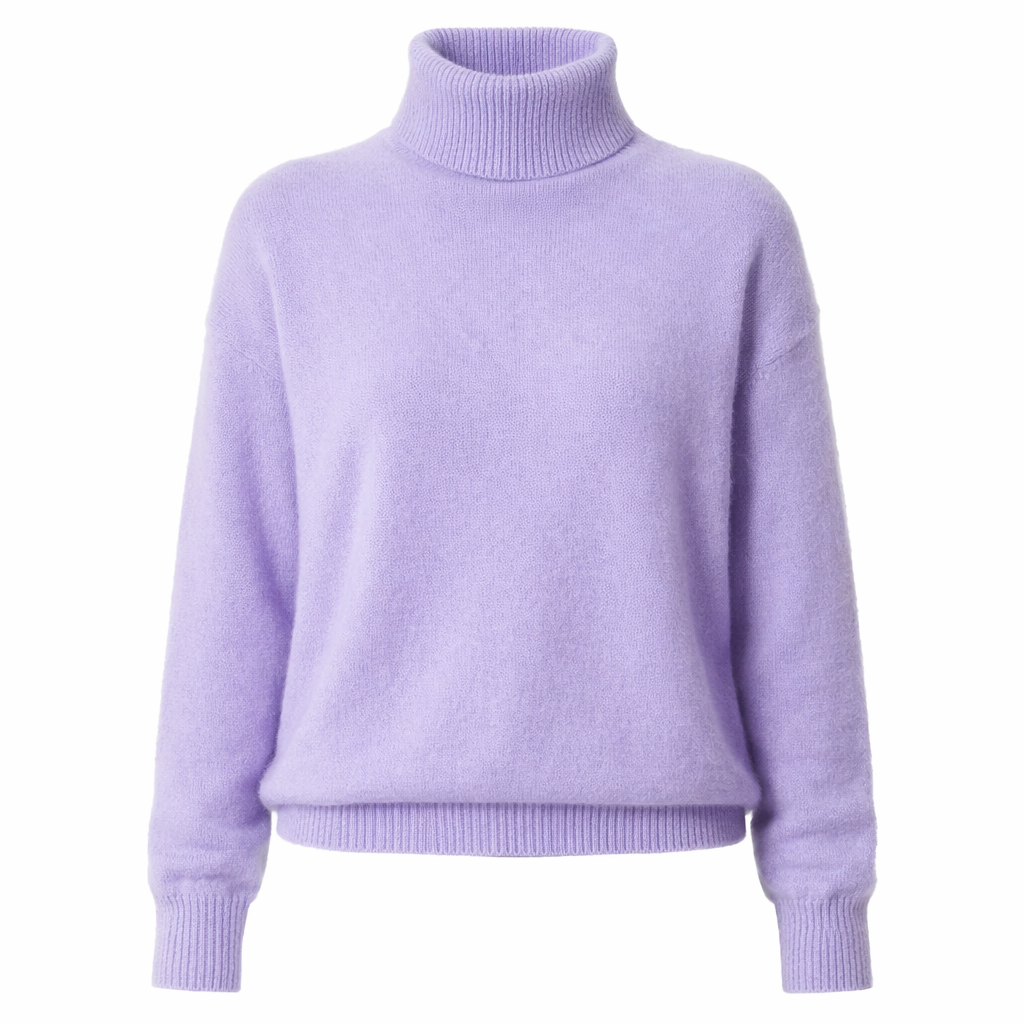 Varm og komfortabel damegenser i kasjmir- og minkblanding. Elegant plus size strikkegenser med høy hals.