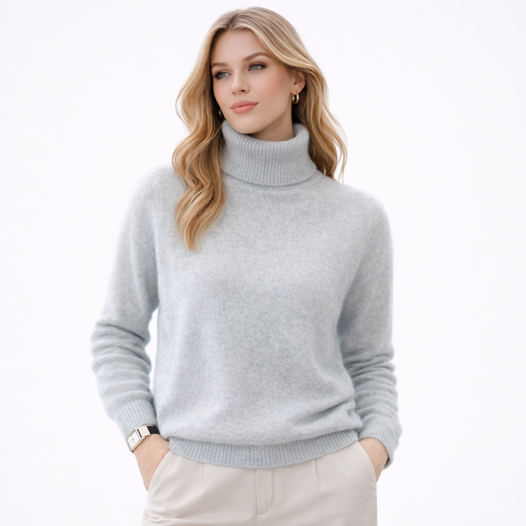 Høy hals på varm kasjmir- og minkgenser. Elegant strikkegenser for vinteren, ekstra komfortabel.