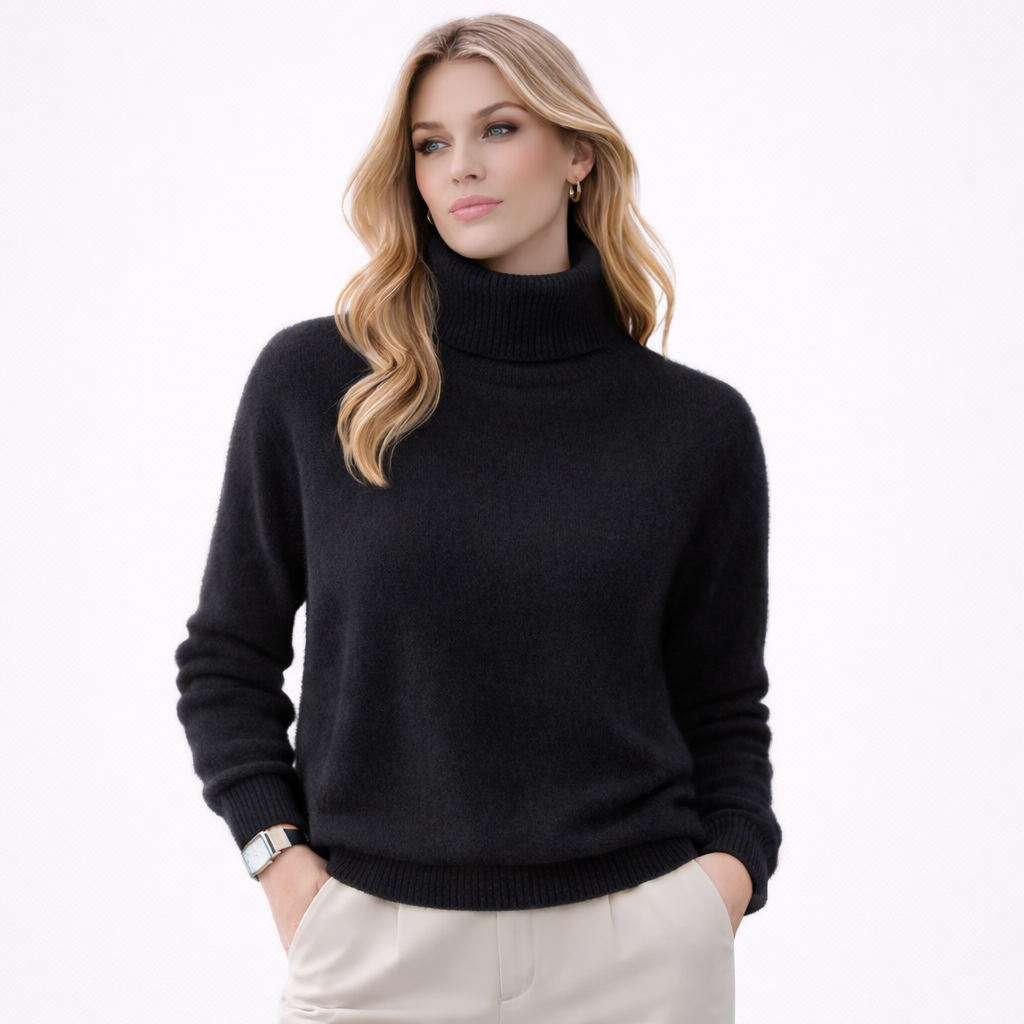 Perfekt gave: Luksuriøs kasjmir- og minkgenser for dame. Varm, elegant strikkegenser med høy hals.