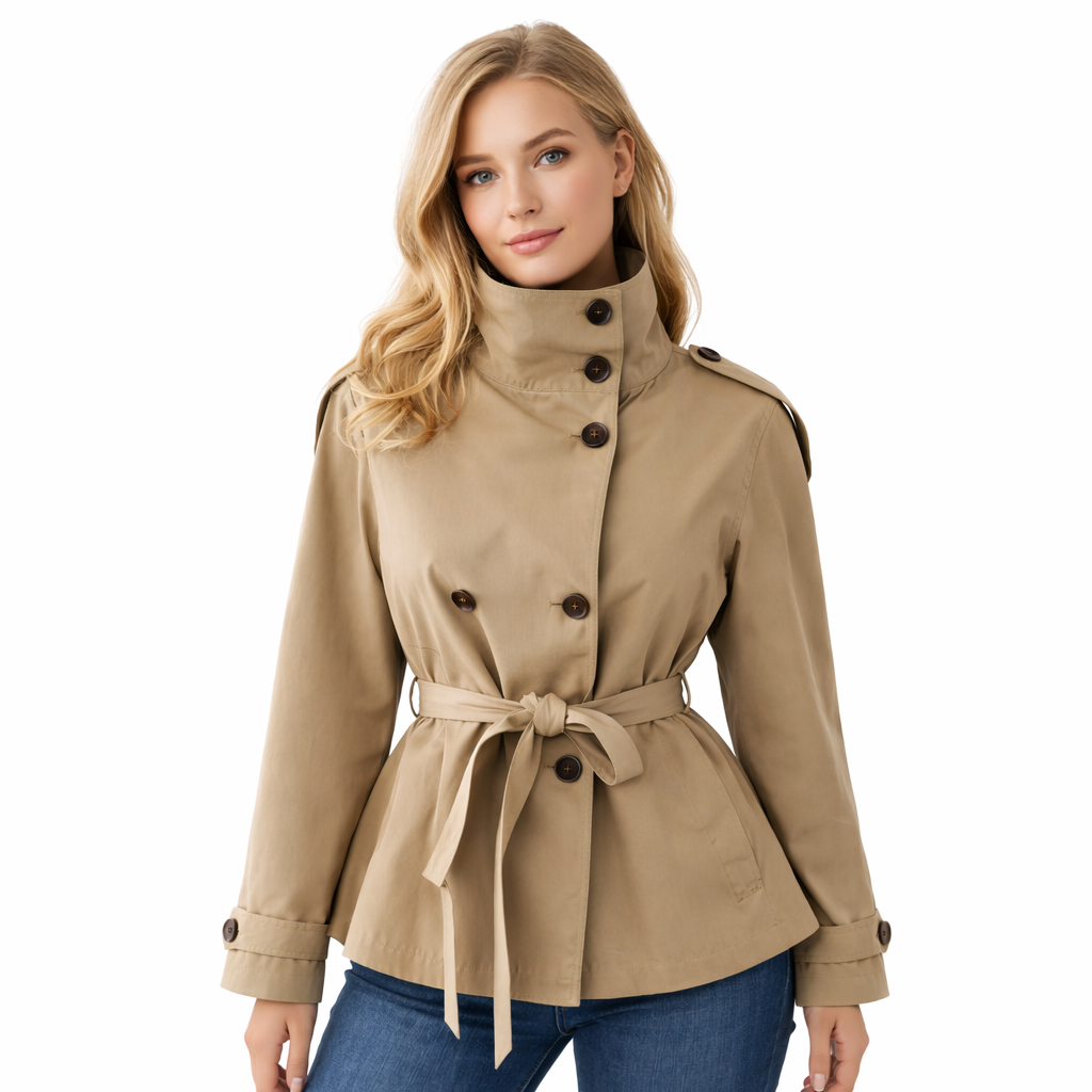 Stilig kort trenchcoat til dame. Belte, dobbelspent lukking og skulderklaffer gir en elegant og moderne høstjakke.