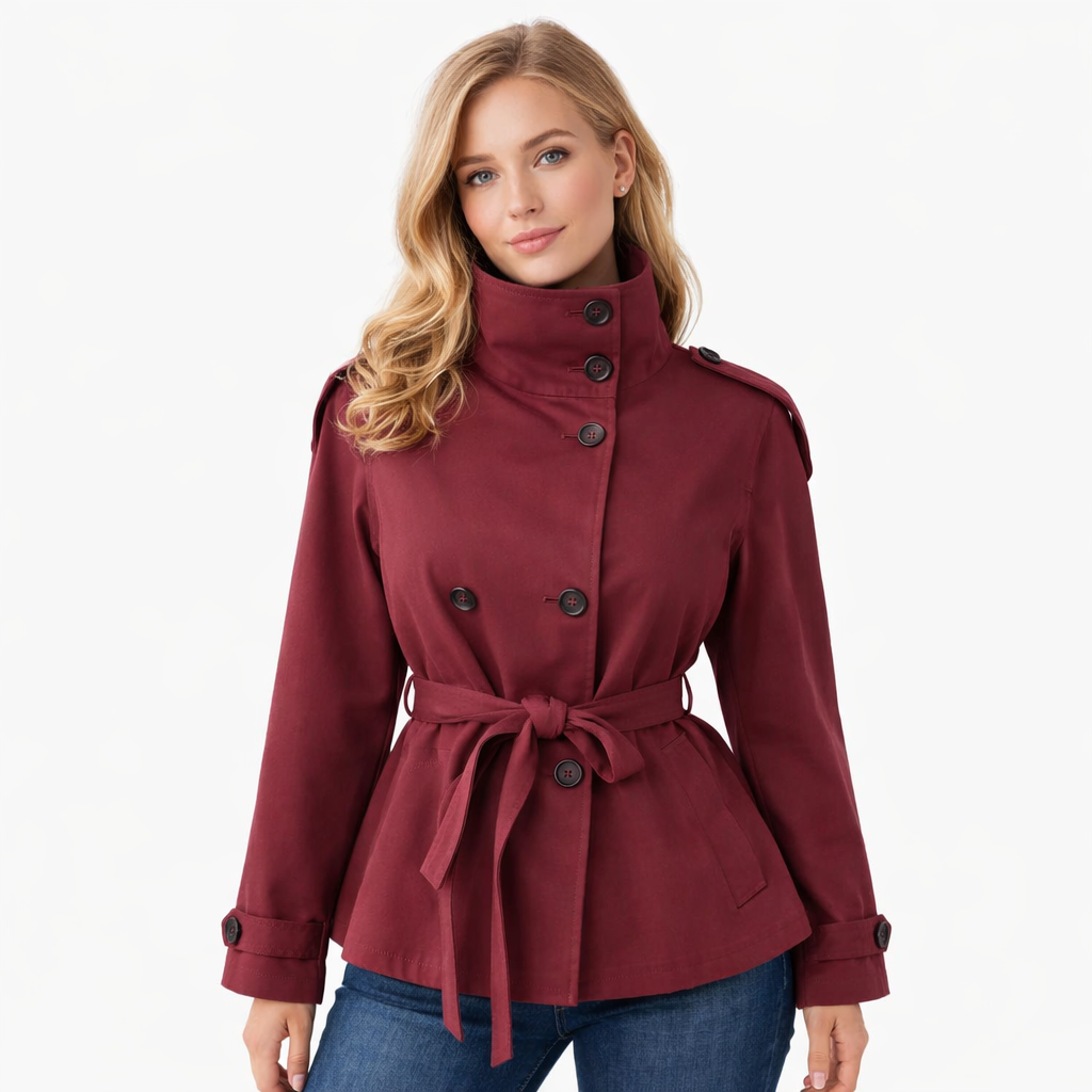 Elegant kort dame trenchcoat i beige med belte, dobbelspent lukking og ståkrage. Perfekt høstjakke.