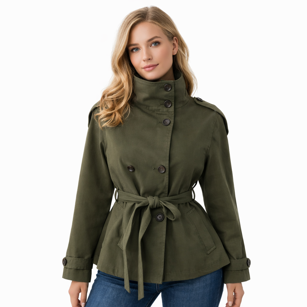 Motebevisst kort trenchcoat for kvinner. Tidløs ytterjakke med skulderklaffer og belte for en elegant silhuett.
