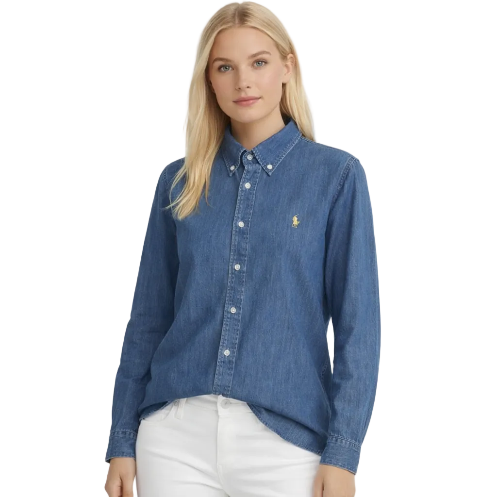 Kvinners vintage blå denimskjorte med elegant krystallbroderi. Avslappet passform for moteriktig stil.