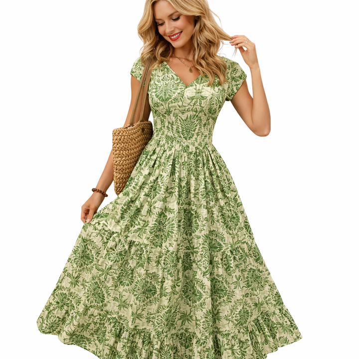 Elegant retro sommerkjole for kvinner med unikt print, v-hals og korte ermer. Komfortabel hverdagskjole.