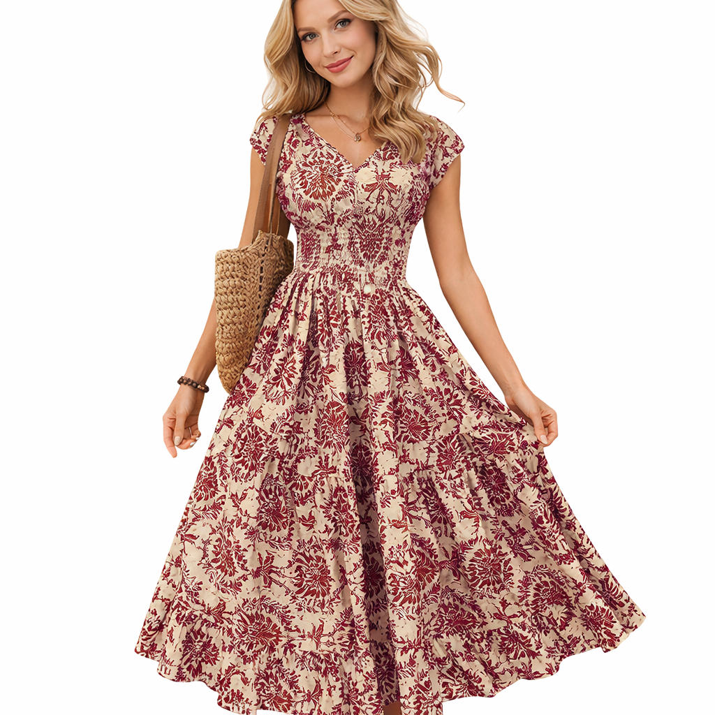 Feminin retro sommerkjole med vakkert print. Komfortabel fritids- eller kontorkjole med korte ermer.