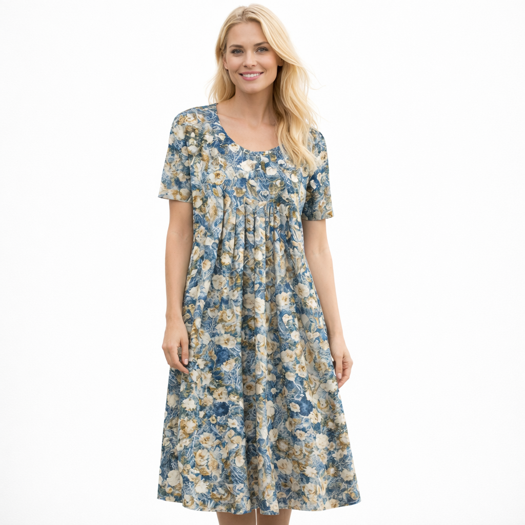 Elegant blomstret dame sommerkjole for fest og hverdag. Komfortabel med vidt skjørt, korte ermer og frisk stil.