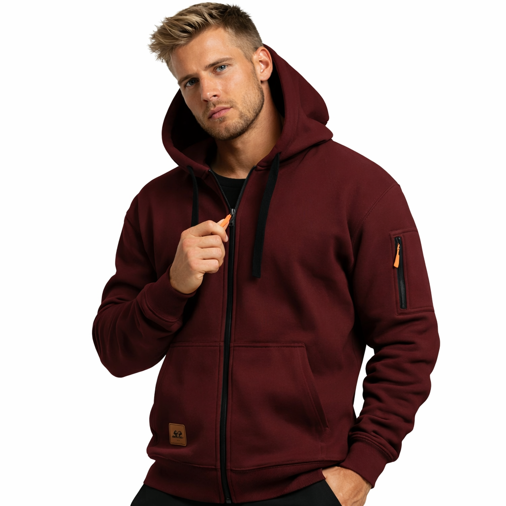 Menns treningsjakke med hette. Perfekt for løping, gym og utendørsaktiviteter i et sporty design.